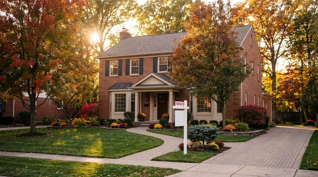 Home for sale with autumn trees and a front yard